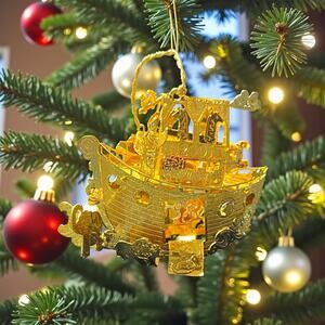 Danbury Mint Noahs Ark 2001 Gold Tone Metal Christmas Ornament Vintage Animals